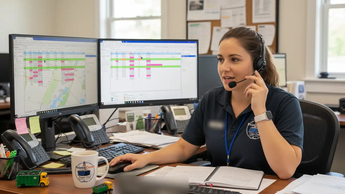 A dispatcher wearing a headset at a desk with monitors