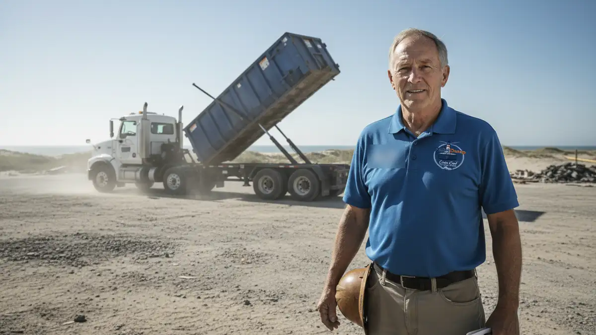 A team member standing in front of a truck tipping a roll-off container